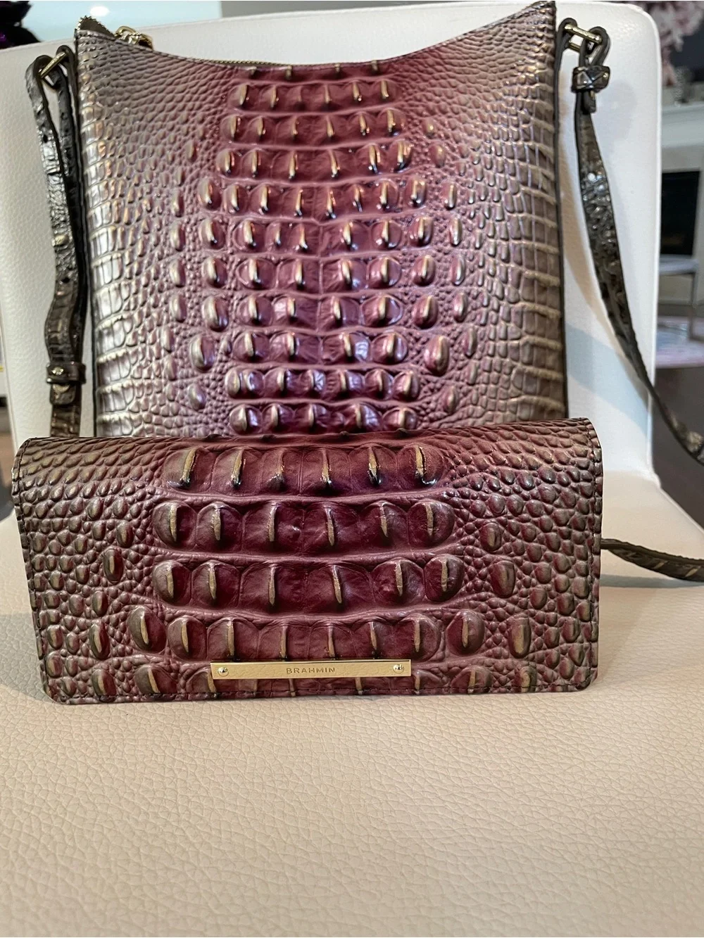 Brahmin Fig Jam Ombré Croc-Embossed Leather Crossbody with Matching Ady Wallet